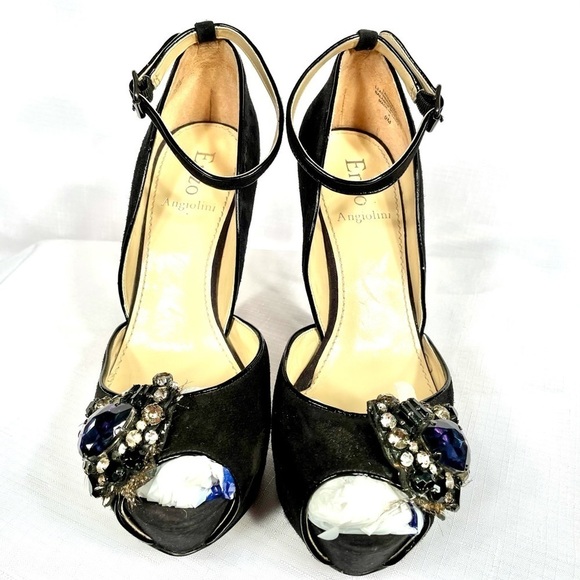 BLACK SUEDE ENZO ANGIOLINI PEEP TOE ANKLE STRAP 9M - Picture 3 of 8